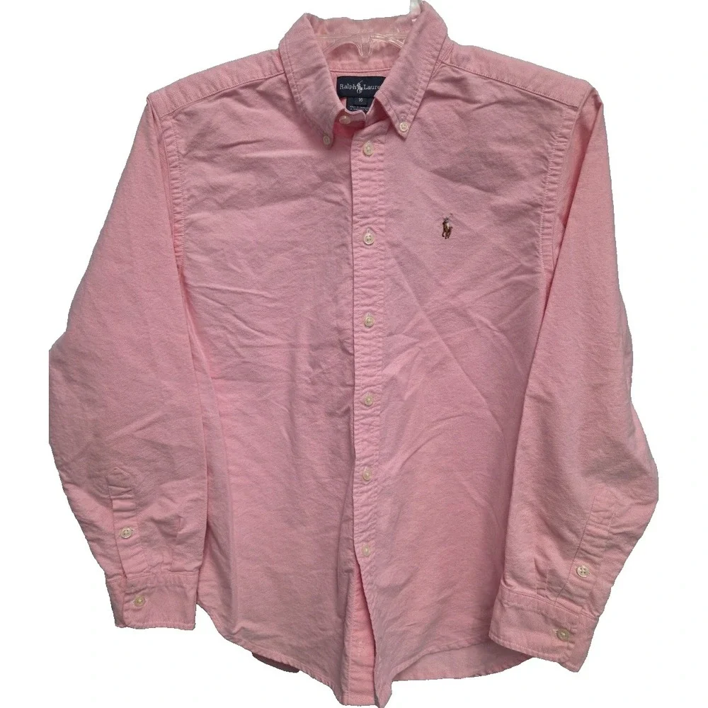 Ralph Lauren Boys Pink Oxford Button Down Shirt Size Large 16 Flesh Pony‎ Logo